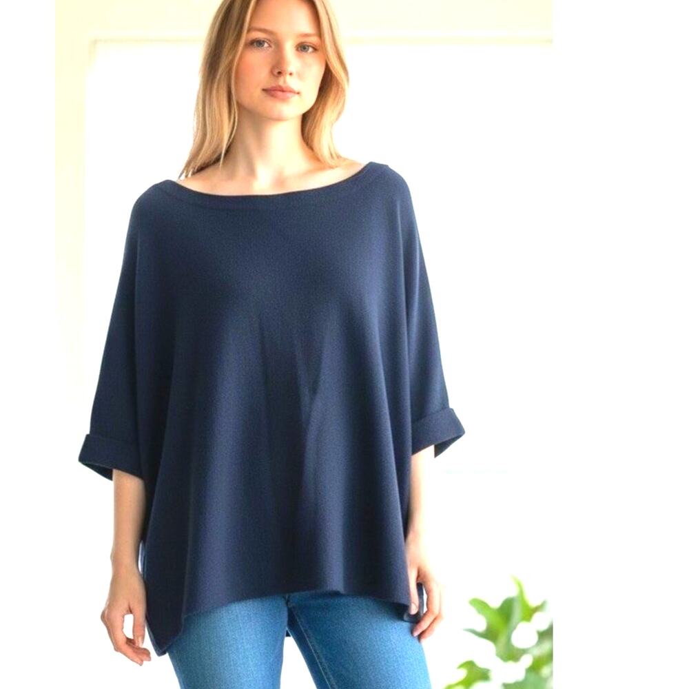 Eileen Fisher cashmere organic cotton short sleeve Tunic Top lagenlook Coastal M